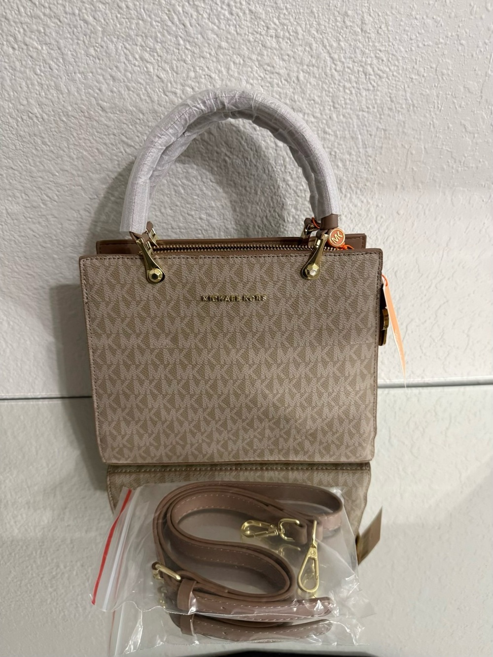 Michael Kors Beige Logo-Print Small Satchel with Gold Hardware NEW